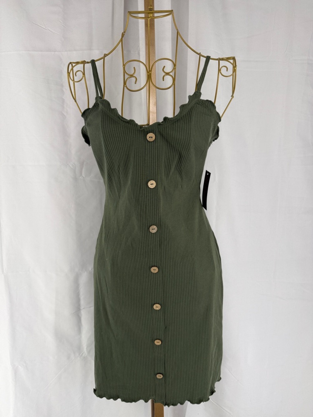 NEW No Boundaries Olive Green Ribbed Faux Button-Front Mini Dress - Small